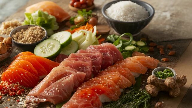 Pushing camera capturing platter raw fish on board, highlighting texture with rice bowl, garnishes