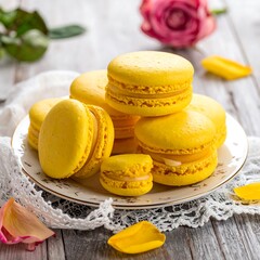 A plate of yellow macarons on a wooden table with flowers