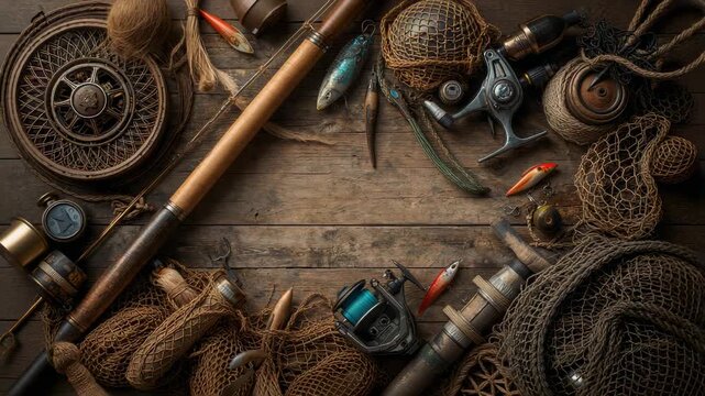 Pulling camera revealing centered tackle on worn tabletop, showing rods reels nets textures
