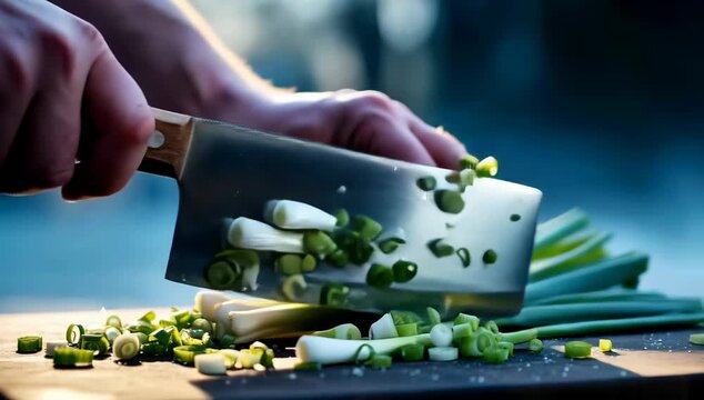 Person chopping green onions with a cleaver on wooden cutting board  