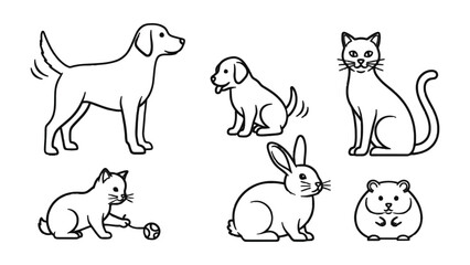 Line Art Pet Collection: A charming set of line art illustrations featuring various friendly pets, offering a whimsical and endearing depiction of beloved animals. 