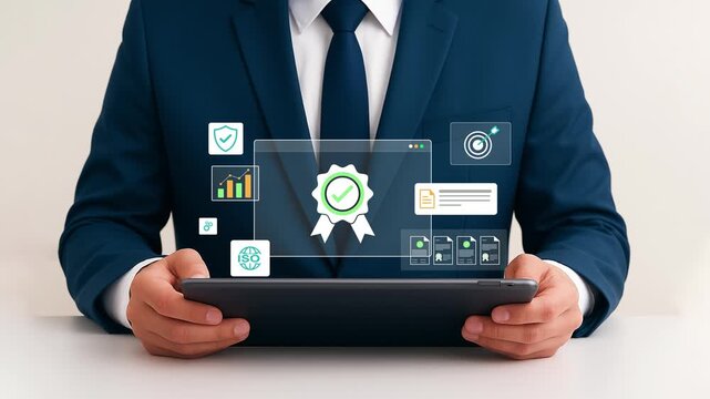 Corporate audit and compliance concept with ISO certification and digital checklists, office worker managing documents, assurance process, monitoring standards, improving business quality management