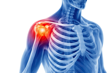 Human shoulder joint pain highlighting rotator cuff inflammation clavicle scapula and humerus anatomy medical illustration isolated on white background