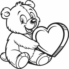Obraz premium Adorable cartoon teddy bear with a big smiling face holding a loving heart outline for coloring pages