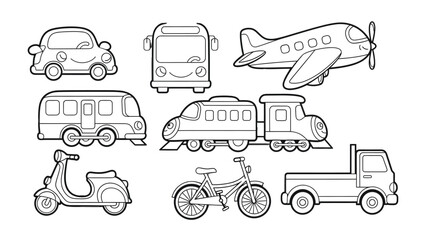 Transportation Mode Collection: A variety of transportation options, from a compact car to a swift airplane, showcase the diverse modes of travel, ready for coloring and creativity.