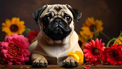 Charming pug portrait amidst vibrant floral arrangement, capturing canine elegance.