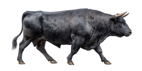 Muscular Black Bull Walking isolated on a transparent background