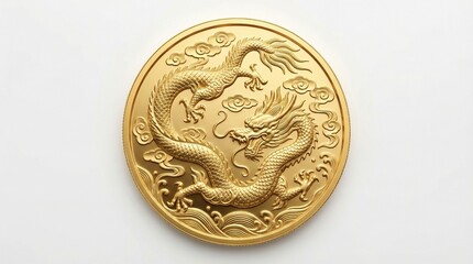Golden Dragon Coin Symbolizing Power, Prosperity, and Good Fortune on white background