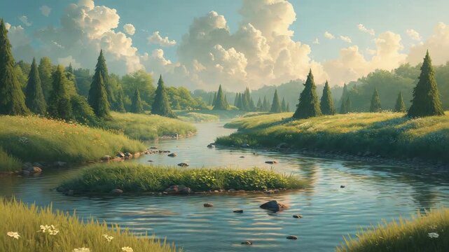 Gliding camera revealing winding river with grassy islet and stones in meadow, with sunlit ripples