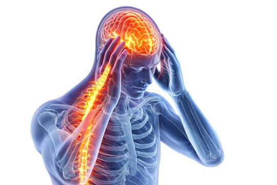 Human brain and spinal cord inflammation with nervous system pain medical anatomy illustration showing neurological disorder isolated on white background