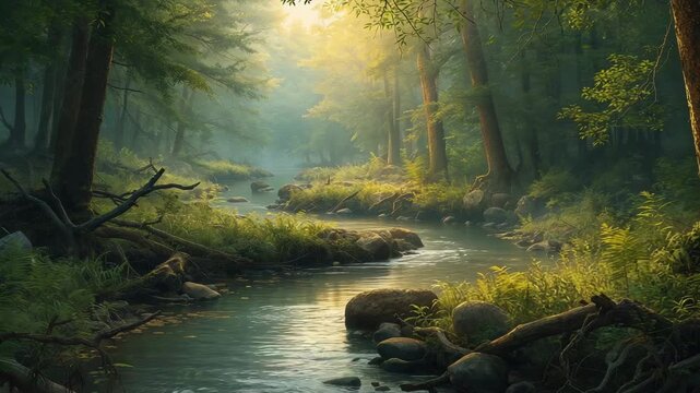 Flowing shallow stream moving from upstream through forest, carrying leaves past mossy rocks