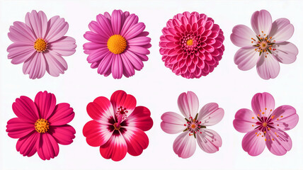 Fototapeta premium Eight Pink and Purple Flowers in a Grid Arrangement on a White Background Keywords: flower, floral, pink, purple, blossom, bloom, nature, garden, spring, summer, daisy, dahlia
