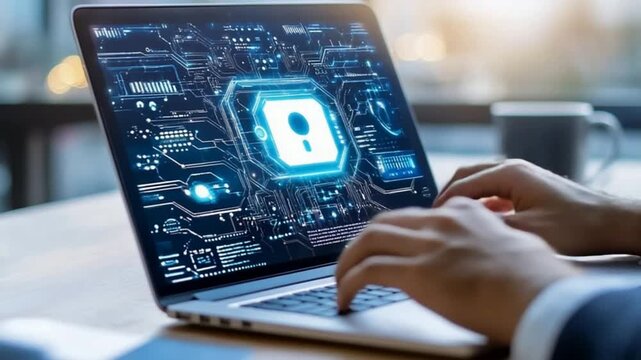 Close-up of hands typing on laptop with digital padlock on screen symbolizing cybersecurity and data protection on a computer
