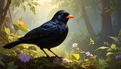 Blackbird in Enchanted Forest - A Serene Wildlife Portrait.