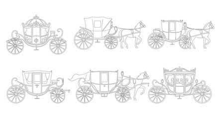 Naklejka premium Detailed illustrations of vintage horse drawn carriages and coach designs in black and white