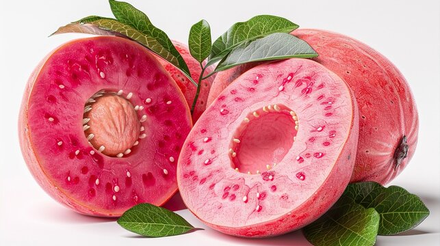 Realistic Vector Illustration of Fresh Guava Whole and Half with Leaves Tropical Fruit