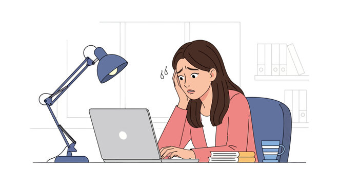 Stressed businesswoman suffering burnout and anxiety while working on a laptop at the office desk. Overwhelmed office worker under deadline pressure.
