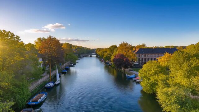 Gliding aerial camera revealing calm river canal from bridge, showing moored boats and stone bridge