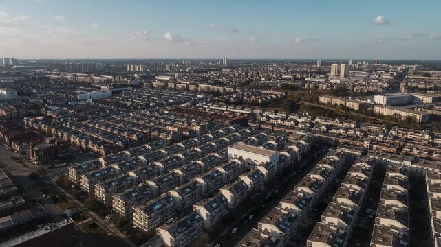 Launching drone filming dense apartment rows over urban area at late afternoon, showing warehouse