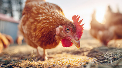 Chicken feeding on corn in a farmyard at sunset with other chickens nearby