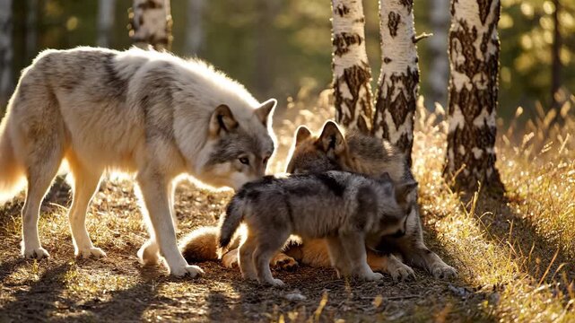 A majestic wolf family including an adult and playful pups interacting in a sunlit birch forest during golden hour, ideal for wildlife documentaries and nature storytelling educational content.
