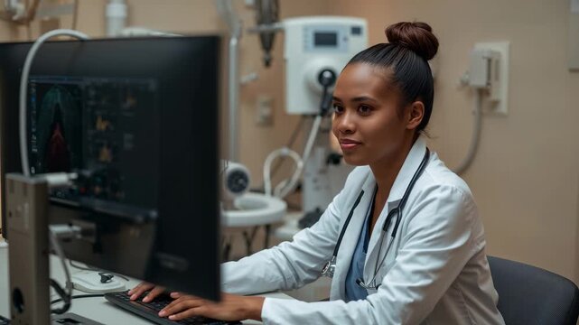 Reacting to scans, clinician in white coat with stethoscope typing to review records in exam room
