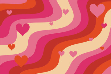 Retro wavy stripes in pink and red hues create a vibrant background pattern scattered with small floating hearts.