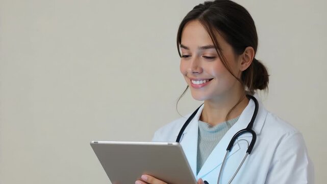 Reading doctor with white lab coat and stethoscope reviewing tablet at clinic, smiling after result