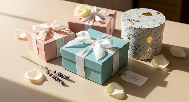 Beautiful gift boxes with ribbons and flowers on a beige table wrapped presents