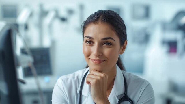 Glancing at monitor, Dr in white coat resting chin, smiling at clinic desk with stethoscope