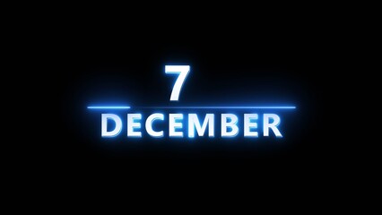 December month calendar number text illustration. Calendar date 7 number on black background.