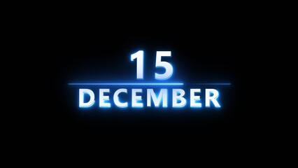 December month calendar number text illustration. Calendar date 15 number on black background.