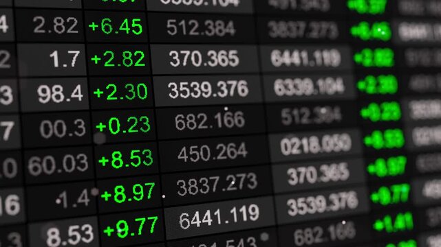 Seamless loop 3D animation of a stock market ticker table with green positive price changes and numeric rows on a dark screen, ideal for trading, finance, news, and analytics.