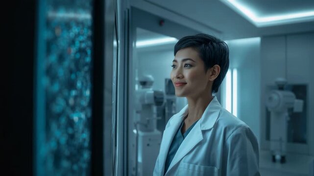 Noticing data alert, physician studying vertical display at radiology lab with lab coat, scrubs