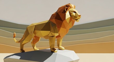 Geometric 3D Lion Sculpture in Desert Landscape