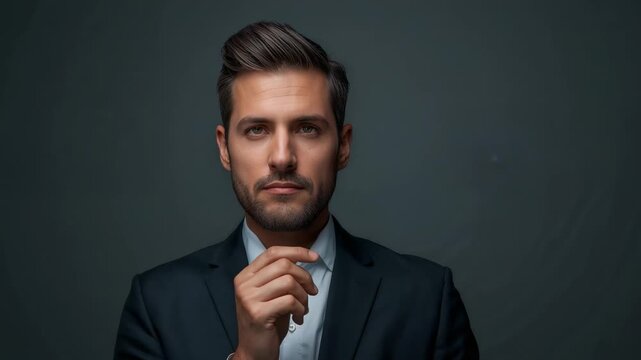 Reacting to glowing blue shape appearing, man in suit holding finger to chin in studio, analyzing