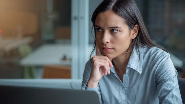 Noticing update on laptop, female in light blue collared shirt leaning, assessing report at office