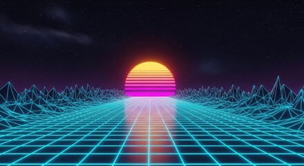 Retro 80s Synthwave Landscape with Neon Grid