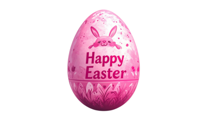 a pink Easter egg with jumping bunny icon printed and text HAPPY EASTER, isolated on transparent background