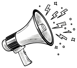Megaphone Drawing with Lightning Bold, Hand Drawn Announcement, Marketing Illustration, Voice Horn Sketch Art, Vector Artwork