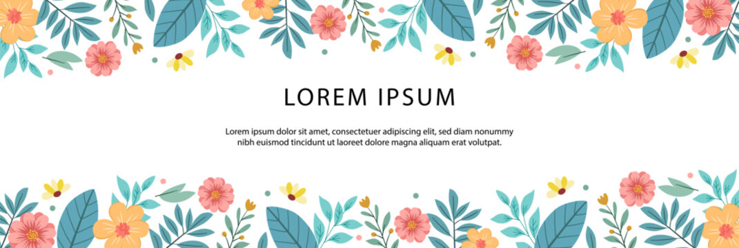 Floral horizontal banner with colorful spring flowers and leaves on white background. Elegant flat vector design with botanical borders and central copy space, ideal for headers, invitations, posters 