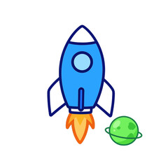 Rocket launching near green planet vector icon.
