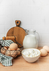 Fresh raw dairy products preparing healthy breakfast