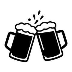 Two beer mugs clinking together in line icon.