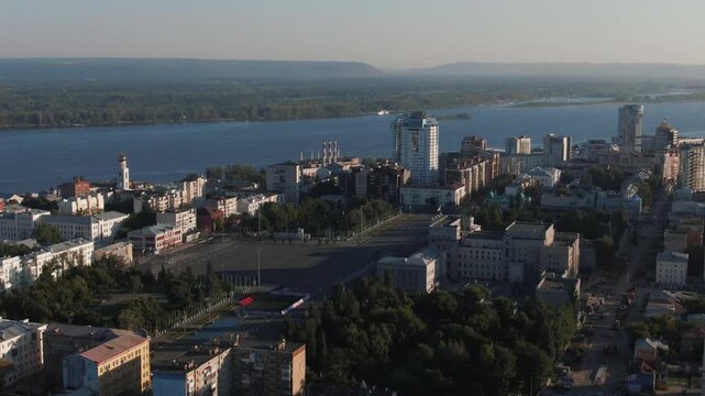 Samara city urban panorama with volga river. Kuibyshev square