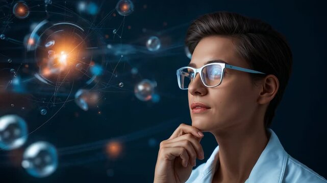 Studying woman in lab coat, specs tracking core orbs in studio with simulation starting, copy space