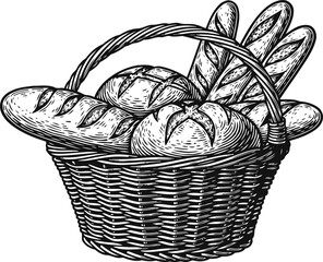 Fototapeta premium Basket full of assorted fresh bread loaves including baguettes and round rolls, hand drawn illustration