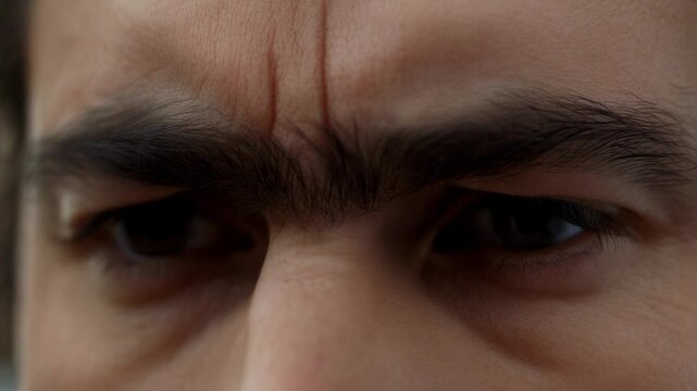Starting with shut eyes, male focusing, tightening brow and squinting in close-up, forming wrinkles
