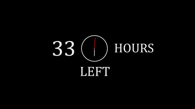 33 Hours Left Countdown Timer Concept, Deadline and Urgency Clock Icon, Limited Time Offer Alert with Minimal White Design on Black Background.with clock icon animation.