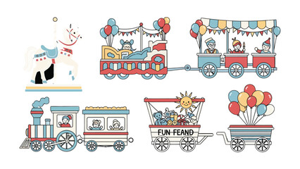 Joyful Carnival Ride: A vibrant illustration showcasing a charming carnival scene, highlighting a whimsical carousel and various colorful train cars filled with delightful characters. © AJM